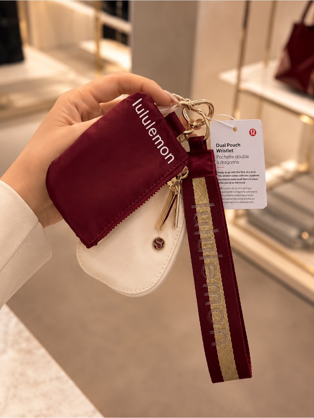 LULULEMON ATHLETICA BURGUNDY & CREAM WRISTLET KEYCHAIN POUCH